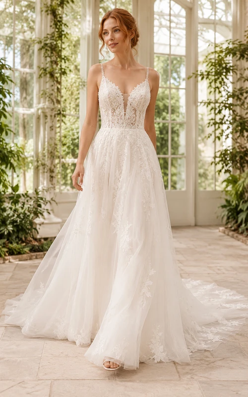 Wedding A-Line Tulle Dress with V-Neck Lace Bodice and Low Back