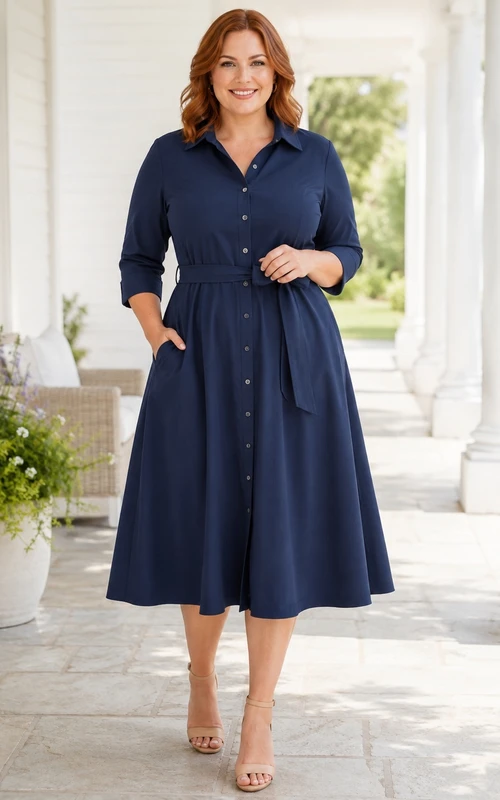 Dark Navy Cotton Button Front 3/4 Sleeve A-Line Notched Neck Tea Length Plus Size Dress