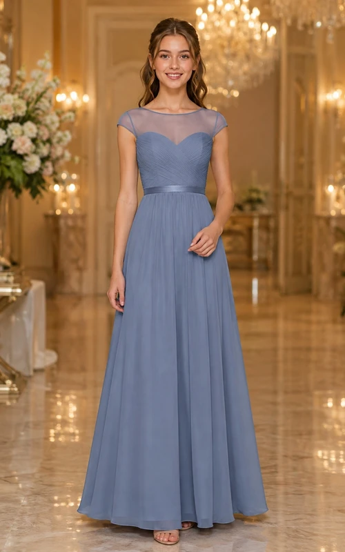 Schieferblaues Brautjungfernkleid für junge Damen, A-Linie, herzförmiger Schnitt, kurze Ärmel, plissiert, elegant