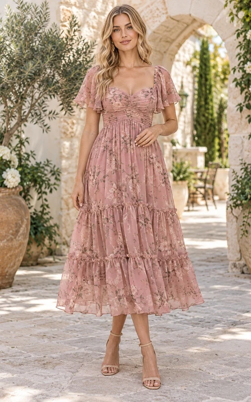 Vestido de gasa rosa bohemio hasta la rodilla con estampado floral, escote corazón y mangas escalonadas.