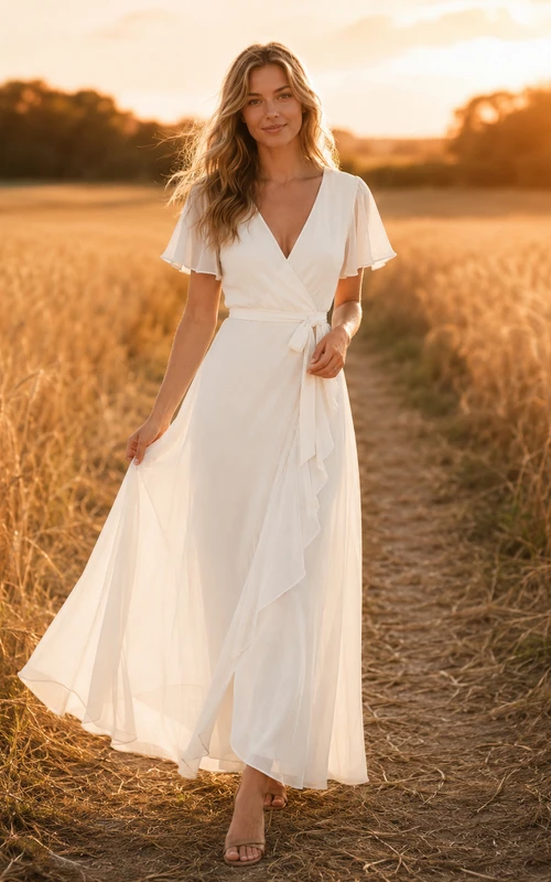 V Neck Flutter Sleeve Chiffon Field Engagement Photo Dress