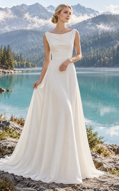 Vestido de novia sencillo sin mangas con escote drapeado y corte en A, con cola.