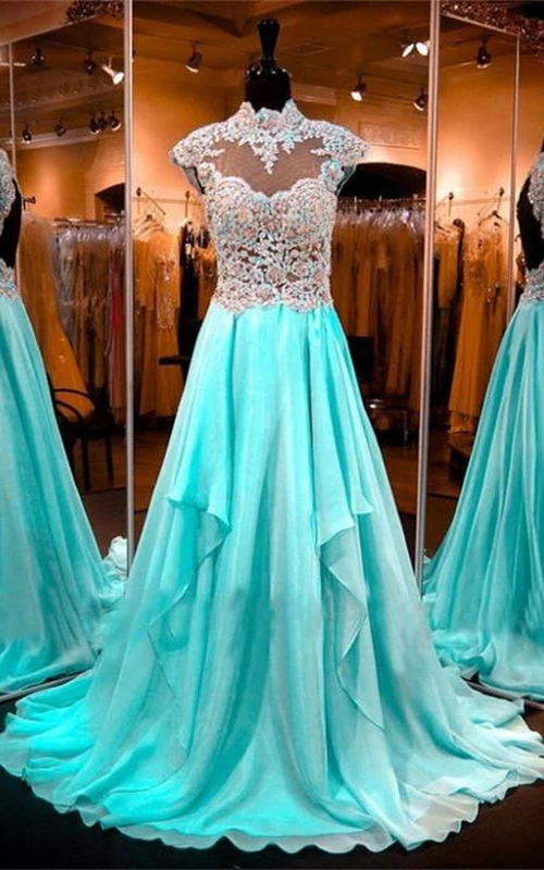 Luxuriöses Abendkleid mit Applikationen, Perlenstickerei, hohem Kragen, A-Linie und Reißverschluss