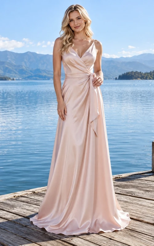 Vestido de novia sencillo de satén color rosa empolvado con escote en V, sin mangas y lazo lateral, corte en A