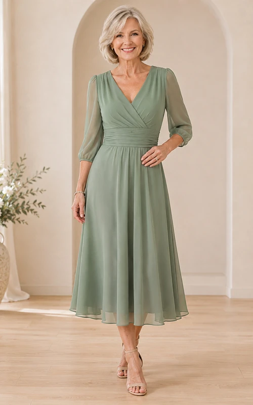 Elegante vestido de gasa color celadón para mujeres mayores, con escote en V, mangas tres cuartos, corte en A y largo hasta la rodilla.
