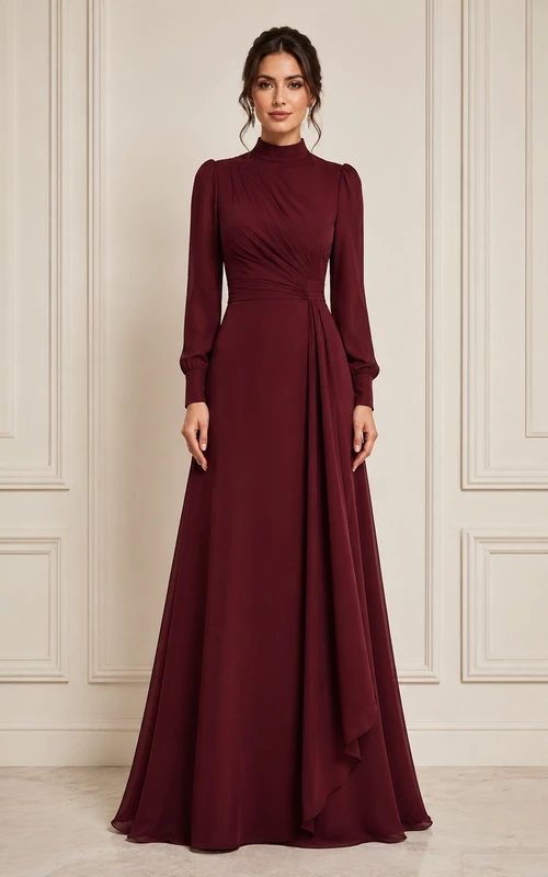 Robe de soirée bordeaux à col montant drapé et coupe trapèze