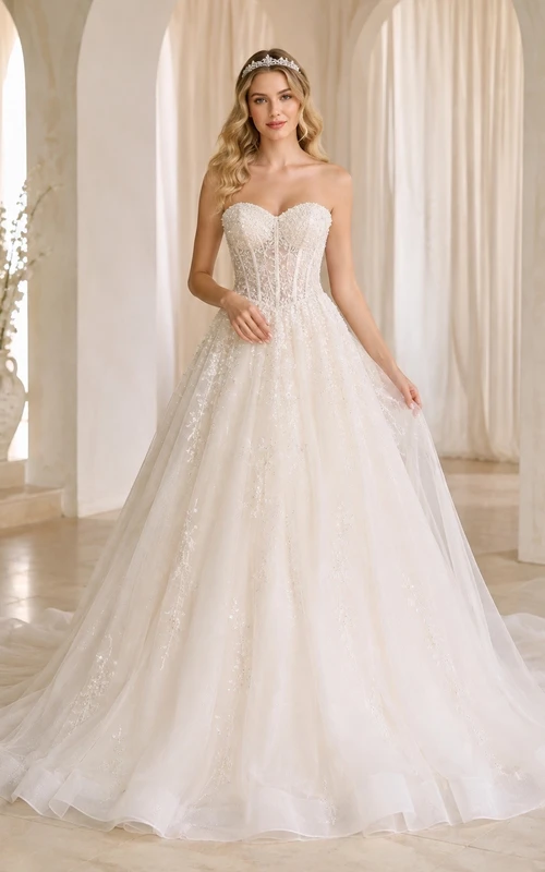 Vestido de novia de gala con cola larga y falda de tul para ceremonia nupcial