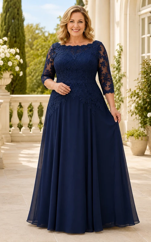Dunkelblaues Chiffon-Kleid in A-Linie mit Spitzenärmeln in Übergröße – perfekt für Mütter