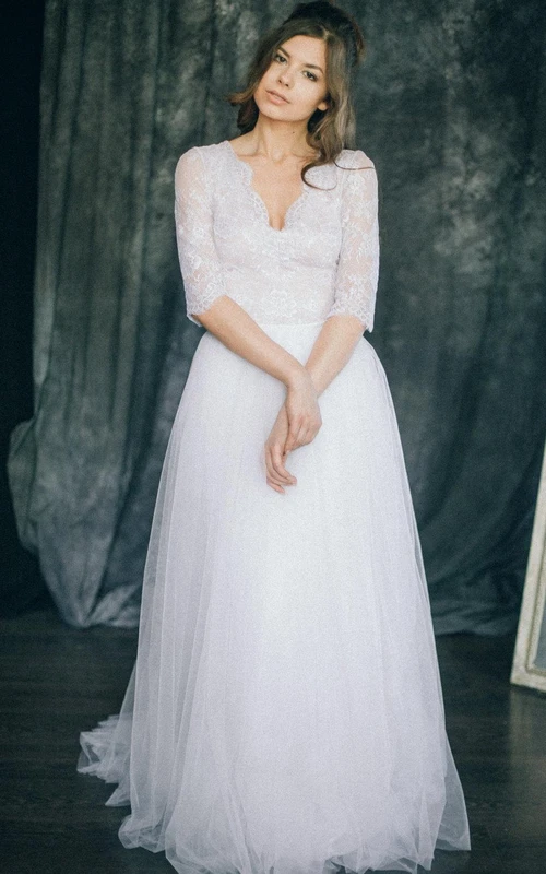 Vestido de dama de honor de manga larga con escote en V, encaje de tul y satén.
