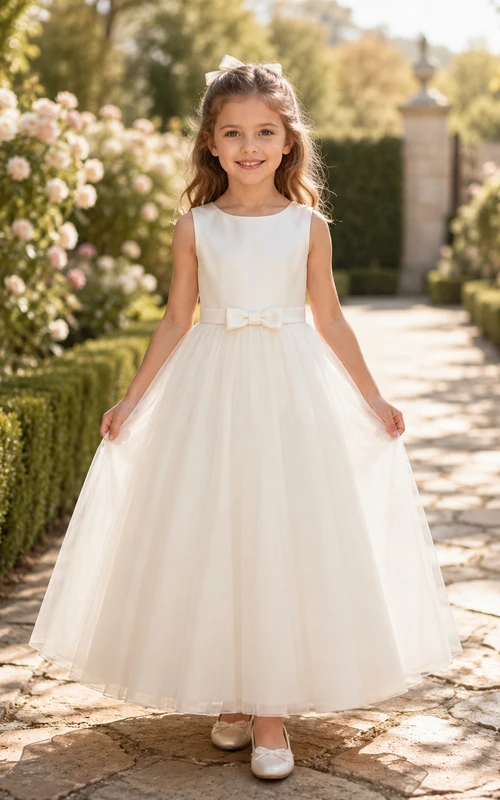 Blumenmädchenkleid aus champagnerfarbenem Tüll, A-Linie, Rundhalsausschnitt, Teelänge, Schleife am Rücken