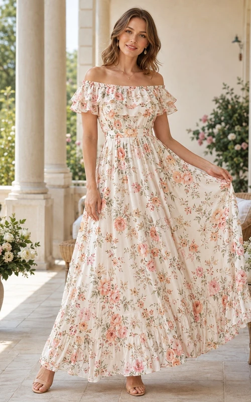 Vestido largo de gasa rosa empolvado con estampado floral, escote Bardot y manga corta, corte en A.