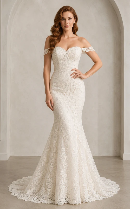 Brautkleid aus Spitze im Meerjungfrauenstil mit V-Ausschnitt, langen Ärmeln und Kapellenschleppe
