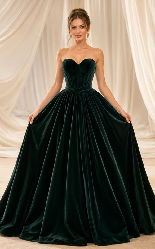 Luxury Dark Green Strapless Sweetheart Velvet Ball Gown Floor-Length Formal Dress