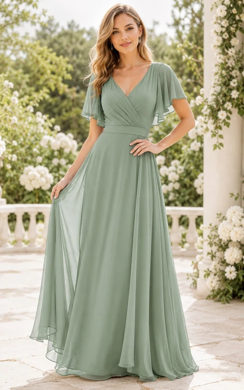 Salbeigrünes, bodenlanges Brautjungfernkleid aus Chiffon mit V-Ausschnitt, kurzen Ärmeln und A-Linien-Schnitt
