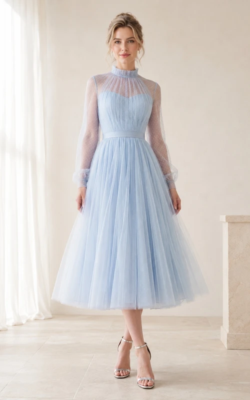 Vestido de fiesta largo de manga larga con cuello alto y tul azul cielo