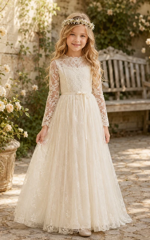 Flower Girl Dress Ivory Lace Tulle A-Line Long Sleeve Scoop Neck Tea Length