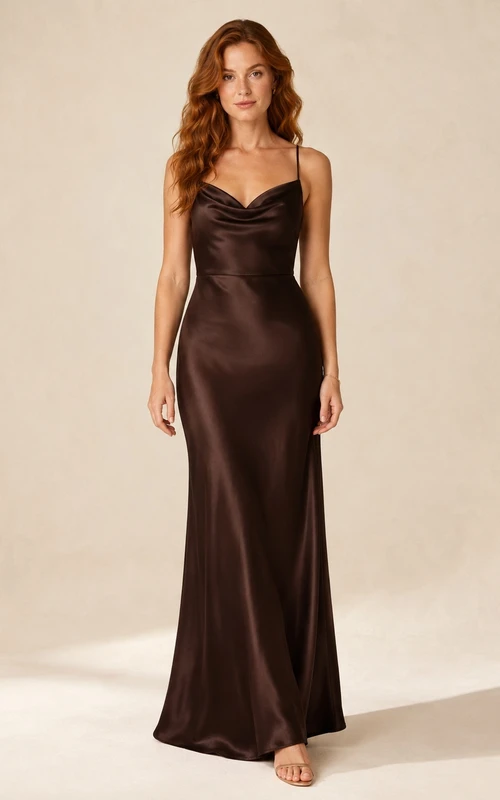 Chocolate Brown Cowl Neck Spaghetti Strap Satin Sheath Floor-length Evening Dress