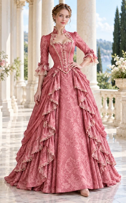 Robe de soirée vintage Renaissance rose poudré style reine Anne à manches à volants superposées