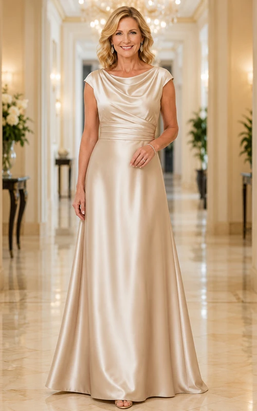 Champagnerfarbenes Satin-Kleid mit Wasserfallausschnitt und A-Linien-Design für Mütter