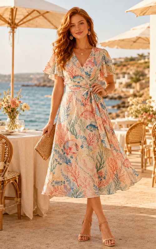 Vestido midi con escote en V y mangas con volantes, estampado de peces coral