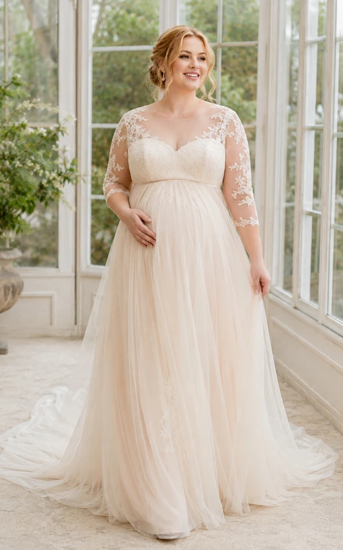 Robe de mariée empire élégante en tulle, col rond et manches trois-quarts en dentelle, grande taille, pour maternité.
