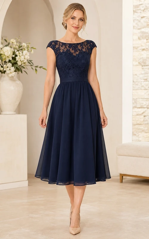 Refined Navy Lace Cap Sleeve Chiffon Tea-length Guest Dress with Natural Waist