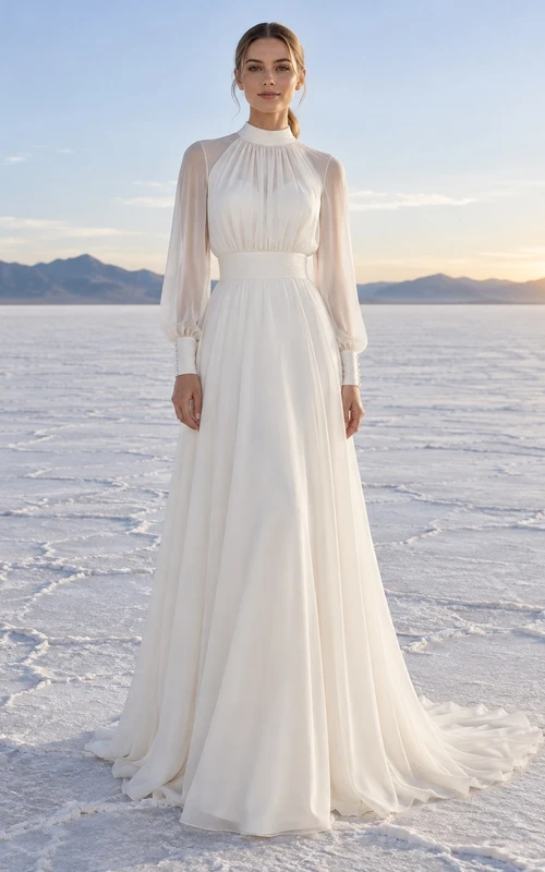 Vestido de novia sencillo de gasa lisa, corte A, manga larga, cuello alto y largo hasta el suelo