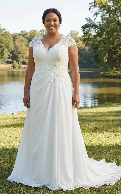 Chiffon-Hochzeitskleid in Übergröße mit kurzen Ärmeln