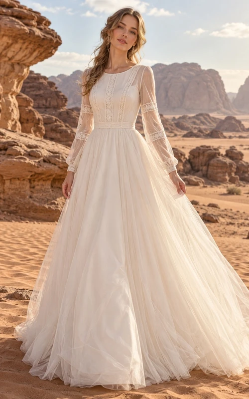 Vestido de novia sencillo de tul con escote barco, manga larga y corte en A con efecto ilusión y fruncido