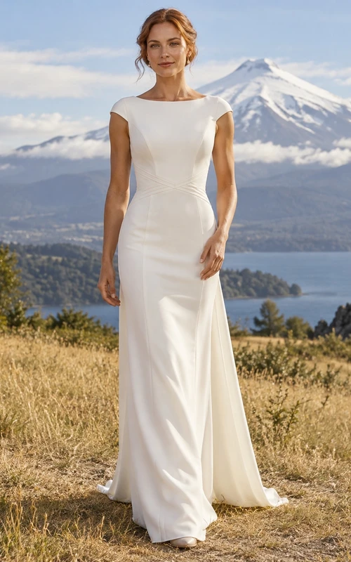 Vestido de novia de crepé con escote barco, mangas cortas y espalda en V profunda.