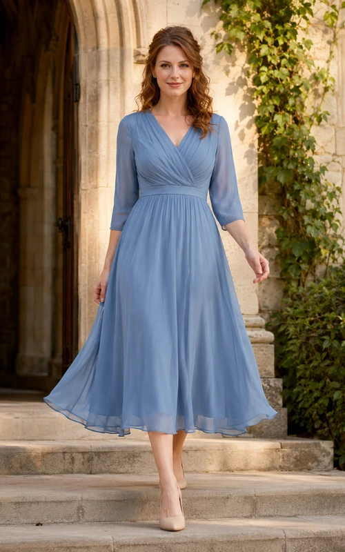 Dusty blue three quarter sleeve V-neck chiffon chapel dress