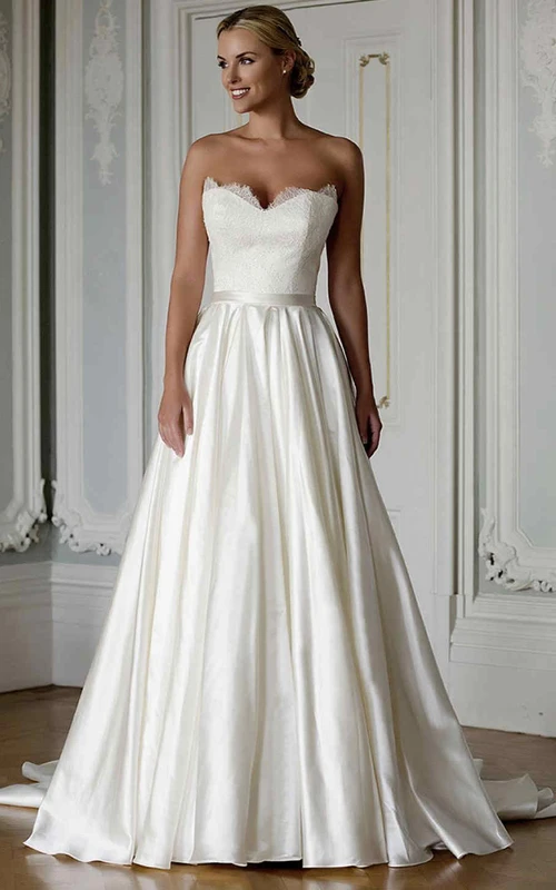 Robe de mariée longue en satin, coupe trapèze, décolleté cœur, ornée d'appliques et dos en V