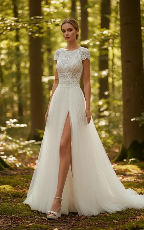 Robe de mariée à manches courtes, corsage en dentelle, fente jusqu'à la cuisse et jupe en tulle fluide