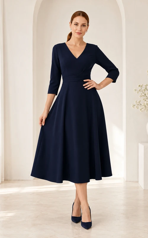 Dark Navy V-neck A-Line Midi Occasion Dress