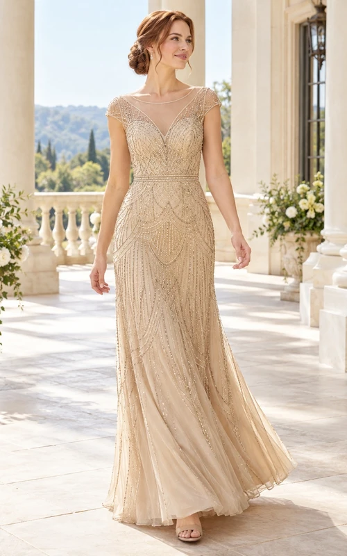Vestido largo de dama de honor de corte recto, estilo barco, con mangas cortas, efecto ilusión, geométrico y con cuentas, color champán vintage.