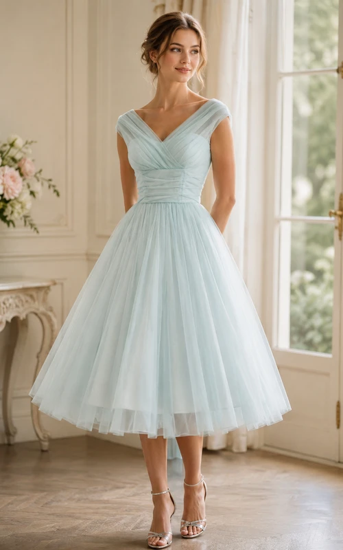 Robe de bal empire en mousseline de soie à col V et nœud, ravissante.