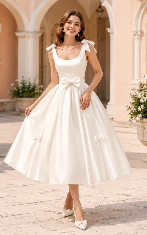 Vestido de novia romántico blanco de satén con lazo, manga corta, escote cuadrado y largo hasta la rodilla.