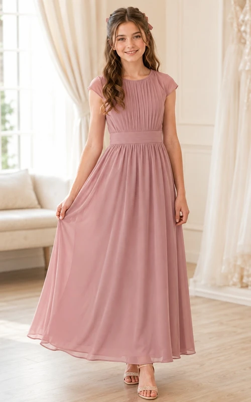 Elegantes Brautjungfernkleid in Altrosa, A-Linie, mit Strasssteinen, kurzen Ärmeln und kurzen Ärmeln aus Chiffon.