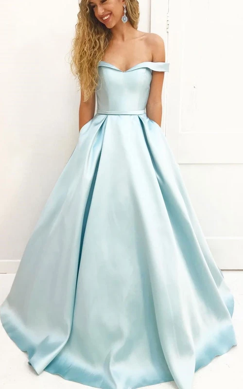 A-Linien-Kleid aus Satin mit schulterfreiem Ausschnitt, kurzen Ärmeln und Reißverschluss
