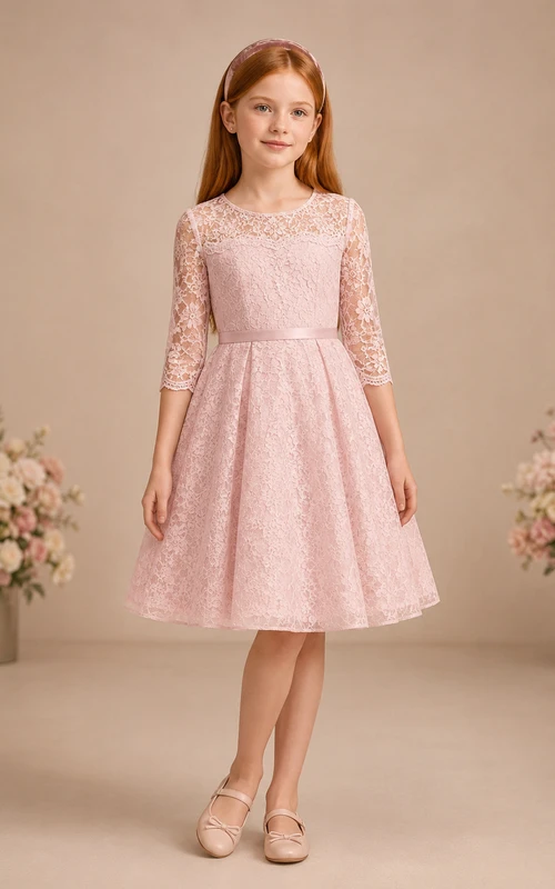 Zartrosa, schlichtes Spitzenkleid mit Dreiviertelärmeln, A-Linien-Schnitt, knielang, im Vintage-Stil, ideal für Blumenmädchen und Garten.