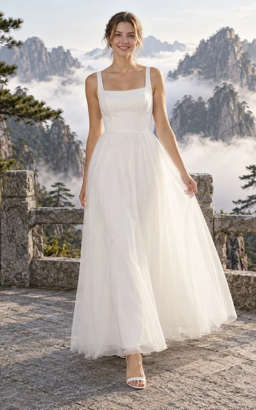 Vestido de novia sencillo de tul sin mangas con escote cuadrado y largo hasta los tobillos
