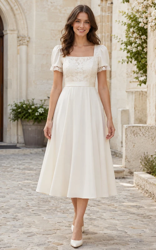 Elfenbeinfarbenes Spitzenkleid in A-Linie, Teelänge, mit eckigen Puffärmeln, schlichtes Design