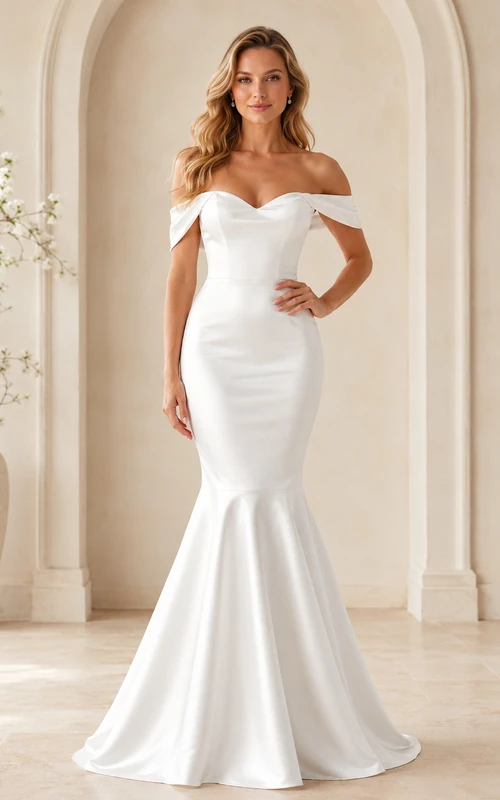 Robe de mariée sirène plissée en satin stretch, épaules dénudées, manches courtes, fermeture éclair au dos et traîne.