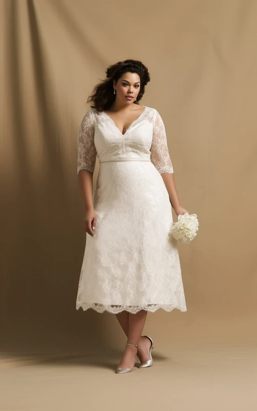 Vestido de novia informal de talla grande con escote en V, manga tres cuartos y encaje, largo hasta la rodilla.