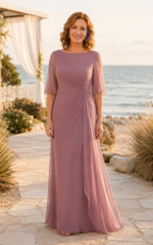 Mutterkleid aus altrosafarbenem Chiffon mit Bateau-A-Linie