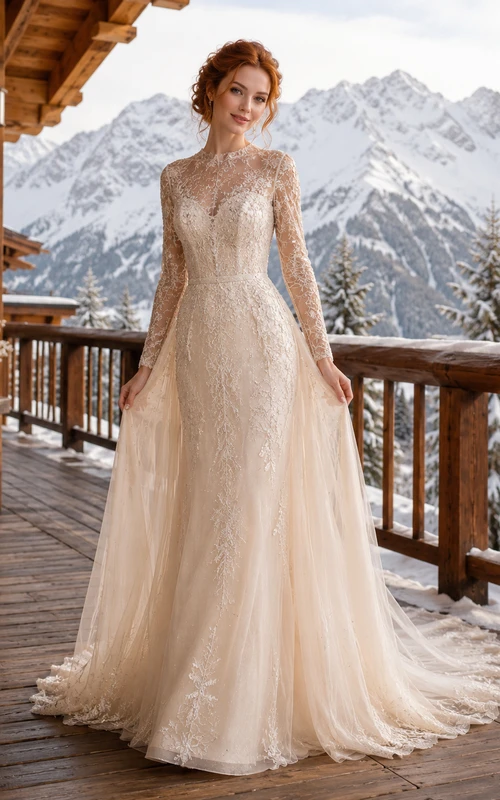Modest Champagne Lace Tulle Wedding Dress A-Line High Neck Long Sleeve Chapel Train Bridal Gown