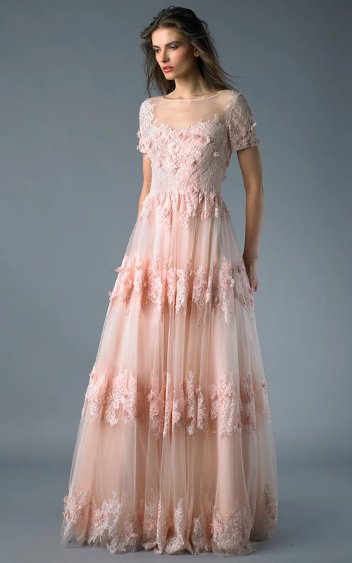 Vestido de encaje con cremallera, manga corta, escote barco y corte en A hasta el suelo