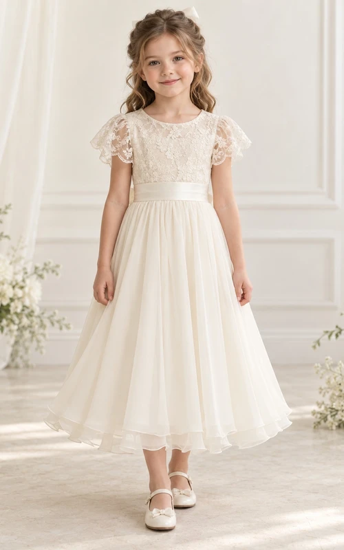 Vestido de niña de flores modesto, de corte A, color marfil, con estampado floral, mangas con volantes y lazo en la espalda.