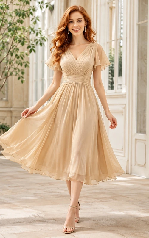Romantic Champagne V-Neck Flutter Sleeve Chiffon A-Line Tea-Length Cocktail Dress
