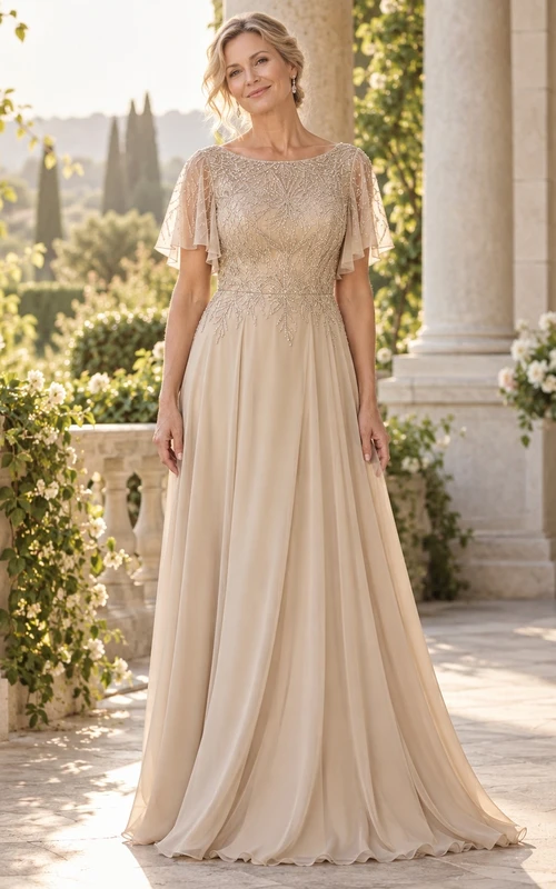 Vestido de noche formal color champán con escote joya, mangas con volantes, encaje con cuentas y gasa, corte en A y cola larga.